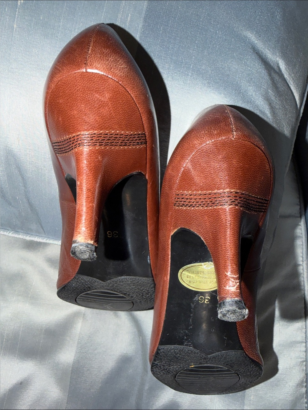 Yves Saint Laurent Brown Pointed Toe Leather Pumps with Textured Trim - Picture 7 of 7